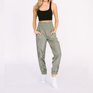 Free People The Way Home Joggers High Waist Smocked Waistband in Olive Green XS